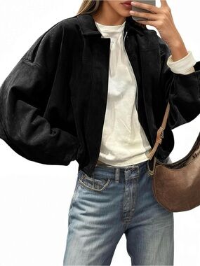 Women's Black Faux Suede Bomber Jacket - Medium